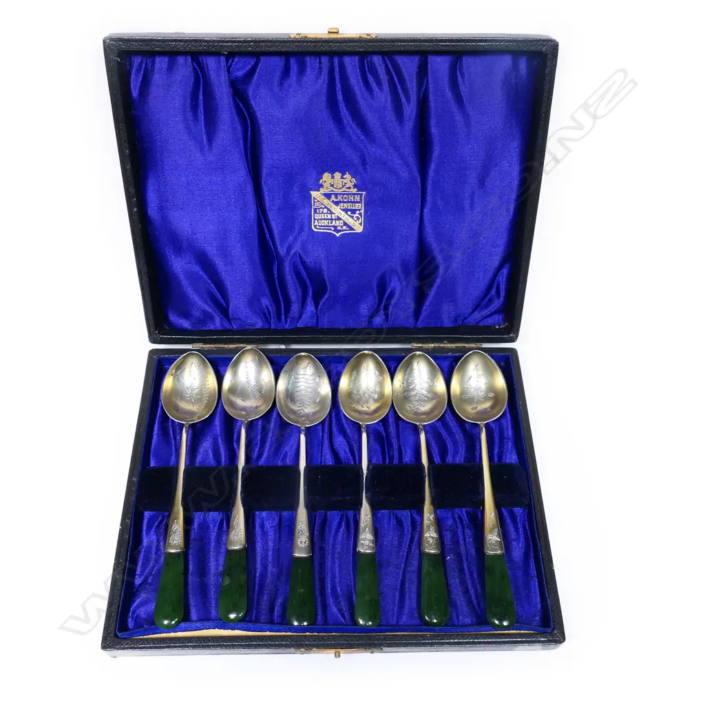 Adolph Kohn (Auckland) set of six silver and pounamu teaspoons, Image 1++